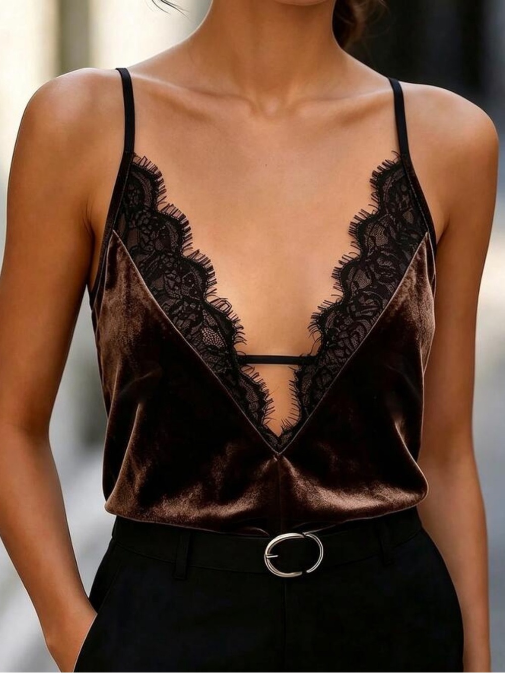 Brown Velvet Lace Trim V-Neck Cami Top - Brown - Picture 2 of 6
